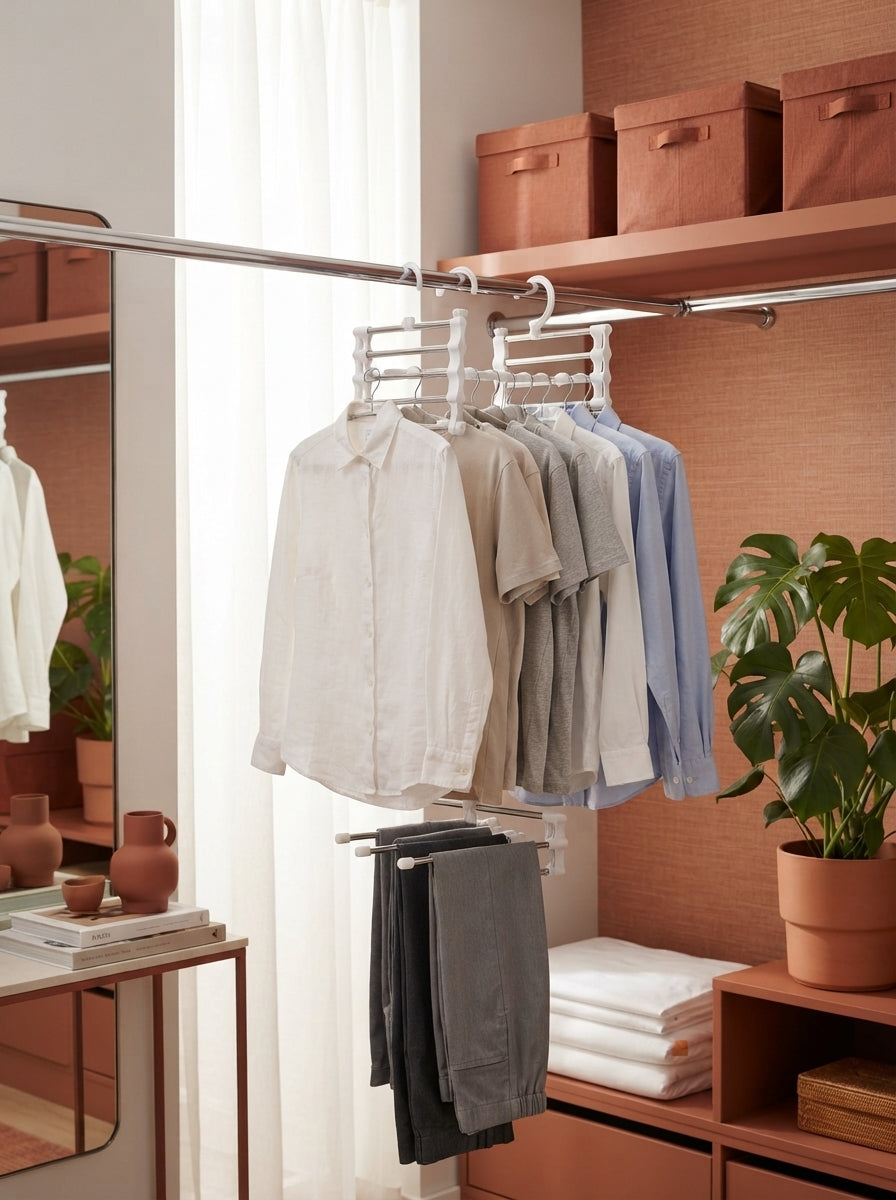 Two stainless steel 5-in-1 folding hangers holding organized clothing in a tidy, modern closet space.
